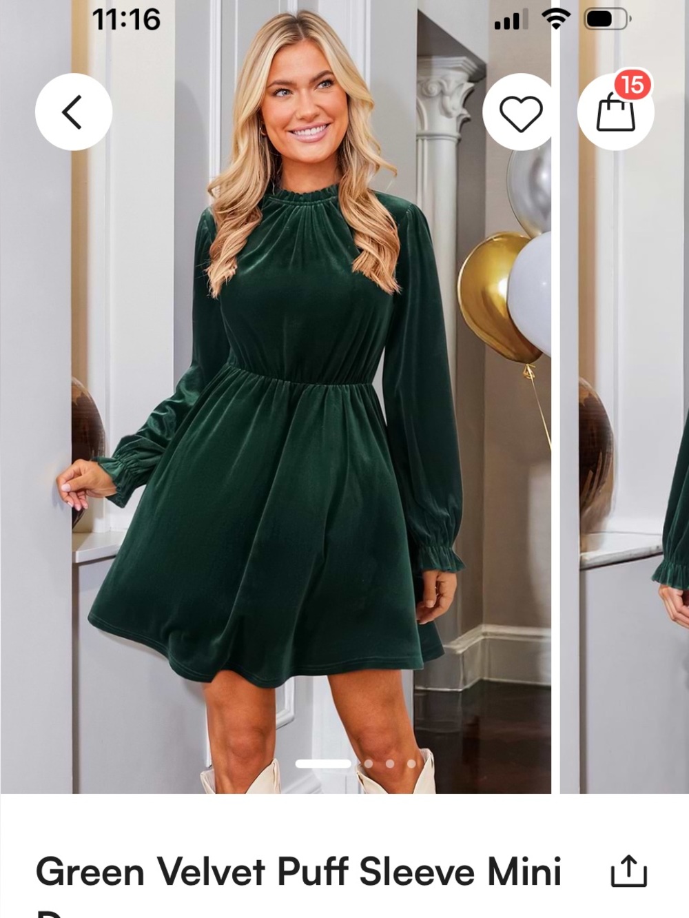 NWT Cupshe Velvet Long-Sleeve Dress - Dark Green elastic waist